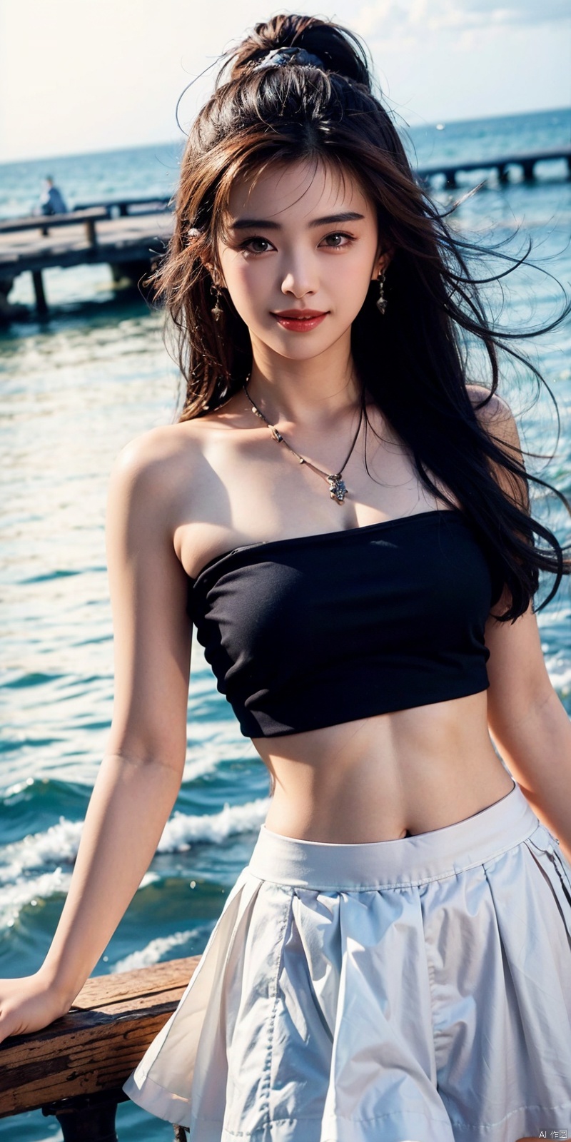  (Good structure),cowboy_shot, DSLR Quality,Depth of field ,looking_at_viewer,Dynamic pose, , kind smile,,
1girl, solo, long hair, , looking at viewer, skirt, hair ornament, bare shoulders, jewelry, , black hair, earrings, outdoors, midriff, water, necklace, lips, crop top, grey eyes, leaning forward, ocean, white skirt, strapless vest, sunset, sun, wangzuxian, molika