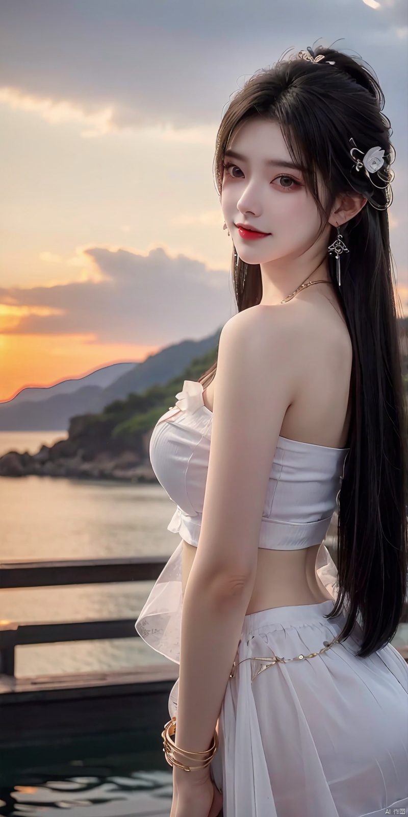  (Good structure),cowboy_shot, DSLR Quality,Depth of field ,looking_at_viewer,Dynamic pose, , kind smile,,
1girl, solo, long hair, , looking at viewer, skirt, hair ornament, bare shoulders, jewelry, , black hair, earrings, outdoors, midriff, water, necklace, lips, crop top, grey eyes, leaning forward, ocean, white skirt, strapless vest, sunset, sun, qingyi, wanglin, yeqinxian, babata