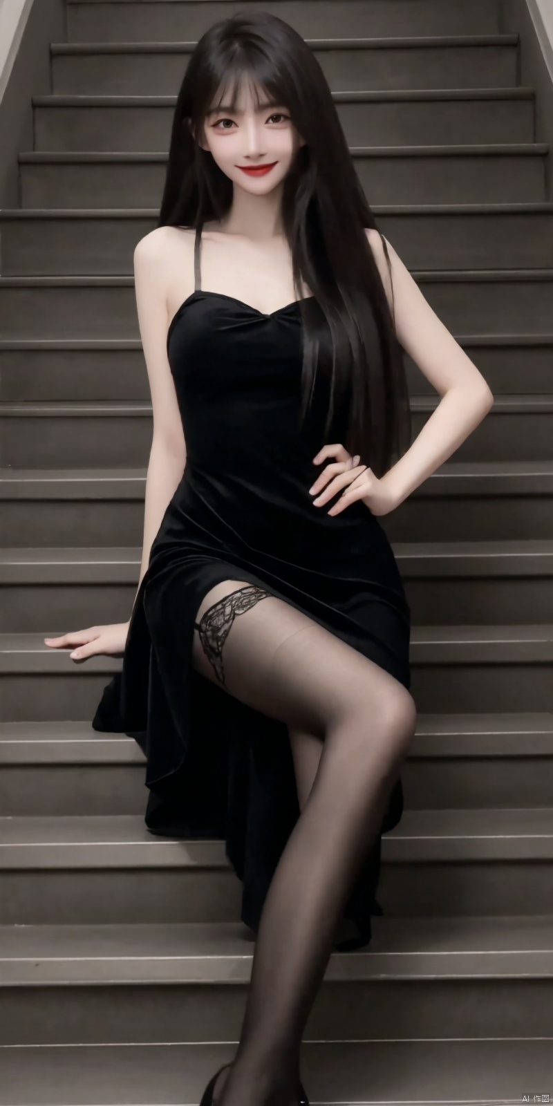  best quality, masterpiece, realistic ,(Good structure), DSLR Quality,Depth of field,kind smile,looking_at_viewer,Dynamic pose, 
1girl, solo, long hair, breasts, black hair, dress,  ,  , sitting, pantyhose, shoes, , see-through, hand on hip, , lipstick, stairs, sitting on stairs,  , , ,  , , fangfang