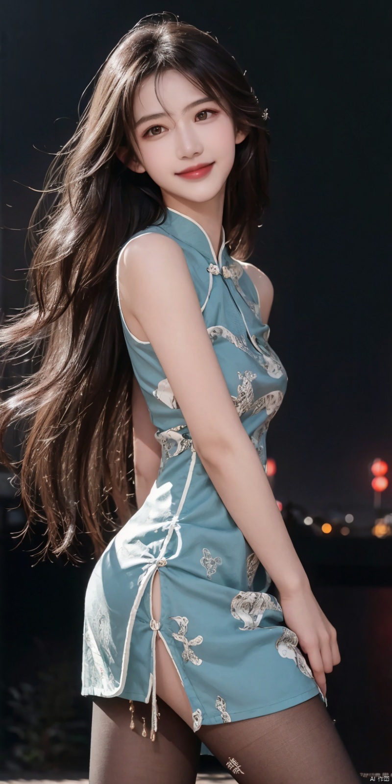  best quality, masterpiece, cowboy_shot,(Good structure), DSLR Quality,Depth of field,kind smile,looking_at_viewer,Dynamic pose, 
,,, (high definition: 1.0), (HD: 1.0), , (ultra resolution: 1.0), (4K: 1.0), (photorealistic: 1.0), (realistic: 1.0), , (professional photography: 1.0), (DSLR quality: 1.0), , (detailed: 1.0), (sharp focus: 1.0), , (masterpiece: 1.2), (epic shot: 1.2),
 Cinematic, , Natural lighting, , solo, 1girl,Wind, flowing hair, kind smile, , pose for picture, Dynamic pose, looking_at_viewer,
A young model in Chinese dress poses with her arms leisurely, in front of divine light with silhouette light illuminating the edges of the long curly hair, snowflake, outdoors,
Excellent skin texture, gaze deeply, cheerful atmosphere, in the style of eye-catching resin jewelry, matte photo, minimalist beauty, meticulous linework precision, The background is a bustling city,High resolution,8K, neo-chinese style, huayu, 1girl,police,thighhighs, , , , Detail, china dress, blackpantyhose, , dress, , , ,qingyi, sufei
