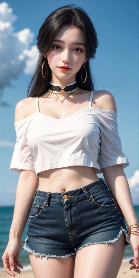 cowboy shot, Blue sky, white clouds, ocean,nai3, 1girl, shorts, solo, crop top, black shorts, choker, navel, shirt, midriff, crop top overhang, looking at viewer, white shirt, jewelry, breasts, bare shoulders, short shorts, off-shoulder shirt, off shoulder, black choker, thighs, stomach, hand on own thigh, long hair, bracelet, short sleeves, ribbon, hand up, collarbone, hair ribbon, medium breasts, standing, high-waist shorts, dolphin shorts, bra strap, , hair ornament, thigh gap, necklace, expressionless, , ,kind smile, , liushen