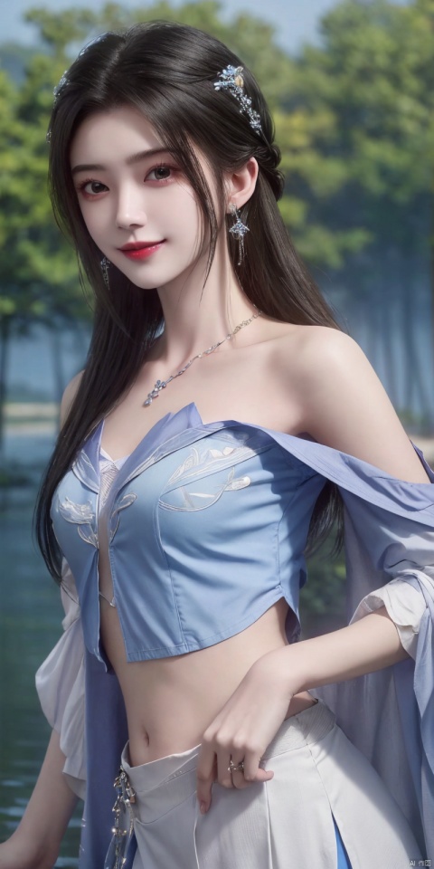  best quality, masterpiece, realistic,cowboy_shot,(Good structure), DSLR Quality,Depth of field,kind smile,looking_at_viewer,Dynamic pose, 
1girl, solo, long hair, , looking at viewer, skirt, hair ornament, bare shoulders, jewelry, , black hair, earrings, outdoors, midriff, water, necklace, lips, crop top, grey eyes, leaning forward, ocean, white skirt, strapless vest, sunset, sun, , ,  , limuwan