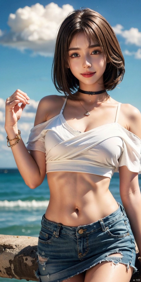  cowboy_shot,(Good structure), DSLR Quality,Short skirt,Blue sky, white clouds, ocean, nai3, 1girl, solo, crop top, , choker, navel, shirt, midriff, crop top overhang, looking at viewer, white shirt, jewelry, breasts, bare shoulders, off-shoulder shirt, off shoulder, black choker, thighs, stomach, long hair, bracelet, short sleeves, ribbon, hand up, collarbone, hair ribbon, medium breasts, , bra strap, , hair ornament, thigh gap, necklace, expressionless, , ,kind smile, , youna,short hair,brown hair, 