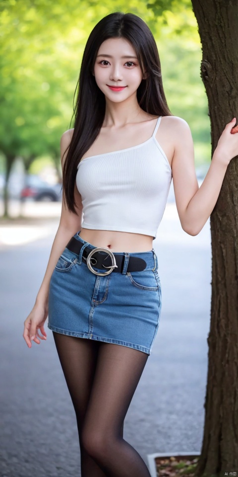  best quality, masterpiece, full_body,(Good structure), DSLR Quality,Depth of field,kind smile,looking_at_viewer,Dynamic pose,
 1girl, 3d, bare_shoulders, belt, blurry, blurry_background, blurry_foreground, branch, , , , collarbone, *******_photo, denim, denim_skirt, depth_of_field, , lips, long_hair, looking_at_viewer, midriff, miniskirt, motion_blur, navel, outdoors, photo_\(medium\), realistic, skirt, solo, standing, tree, , , , blackpantyhose, , , , , , , ,  , xuner