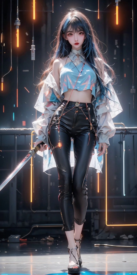  1 girl, loose clothes, (holding a samurai sword) (blue hair, blue eyes, three-dimensional facial features, big eyes, light makeup, lying silkworm), (loli height, standing on a mirrored stage, full body photo), (overhead view), (workwear pants, clothing - street hip-hop), (exquisite masterpiece), (holographic projection), (cyberpunk style), (mechanical modular background), (Luminous circuit) (Flashing neon light) (Blue illuminated background) (Background blurring treatment), Light-electric style, fangfang