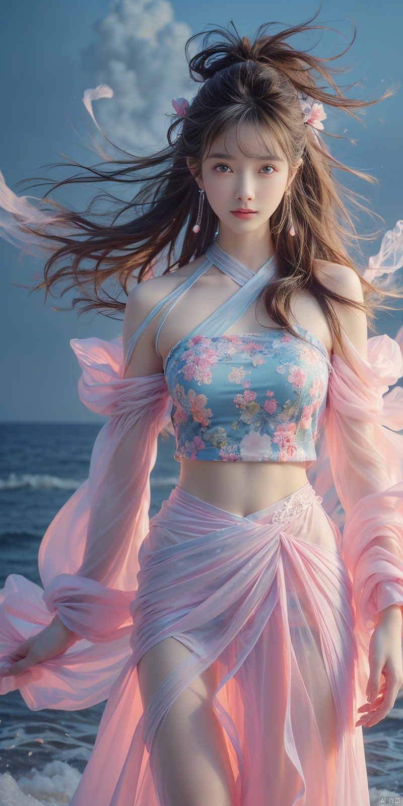  best quality, masterpiece, cowboy_shot,(Good structure), DSLR Quality,Depth of field,kind smile,looking_at_viewer,Dynamic pose, 
 Surrealism Dream Style,glowing neon color,RAW photo,at night,1girl,solo,sea,black hair,ponytail,looking at viewer,long hair,up,lips,sash,water splaashing,hair ornament,realistic,wide sleeves,hanfu,long dress,Semi transparent gauze skirt,surrealist,Best quality,masterpiece,ultra high res,Petal skirt,wind,flowers,bloom,Clouds,smoke,neon lights, 80sDBA style, 1 girl, , , wangyushan