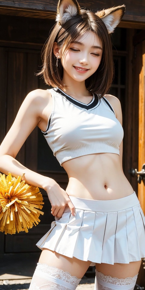 best quality, masterpiece, realistic,cowboy_shot,(Good structure), DSLR Quality,Depth of field,kind smile,looking_at_viewer,Dynamic pose, 
1girl, solo, breasts, looking at viewer, blush, smile, short hair, skirt, brown hair, shirt, thighhighs, navel, holding, animal ears, bare shoulders, underwear, standing, panties, tail, yellow eyes, white shirt, thighs, cowboy shot, pleated skirt, small breasts, one eye closed, sleeveless, midriff, black thighhighs, indoors, miniskirt, stomach, white panties, grin, crop top, animal ear fluff, bare arms, fox ears, sleeveless shirt, fox tail, halo, pantyshot, white skirt, fox girl, brown thighhighs, cheerleader, pom pom \(cheerleading\), crop top overhang, holding pom poms, tifa