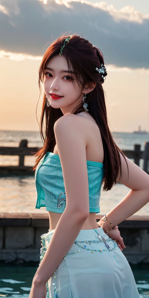  best quality, masterpiece, realistic,cowboy_shot,(Good structure), DSLR Quality,Depth of field,kind smile,looking_at_viewer,Dynamic pose, 
1girl, solo, long hair, , looking at viewer, skirt, hair ornament, bare shoulders, jewelry, , black hair, earrings, outdoors, midriff, water, necklace, lips, crop top, grey eyes, leaning forward, ocean, white skirt, strapless vest, sunset, sun, ,  , yeqinxian,brown_hair