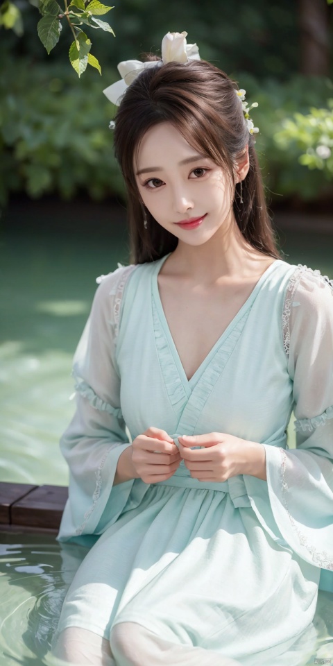  best quality, masterpiece, realistic,,(Good structure), DSLR Quality,Depth of field,kind smile,looking_at_viewer,Dynamic pose, 
1girl, solo, long hair, looking at viewer, bangs, brown hair, long sleeves, dress, ribbon, green eyes, collarbone, hair ribbon, flower, outdoors, lying, parted lips, puffy sleeves, on back, water, white dress, red ribbon, parted bangs, petals, white flower, partially submerged, layered sleeves, short over long sleeves, liuyifei,lichun
