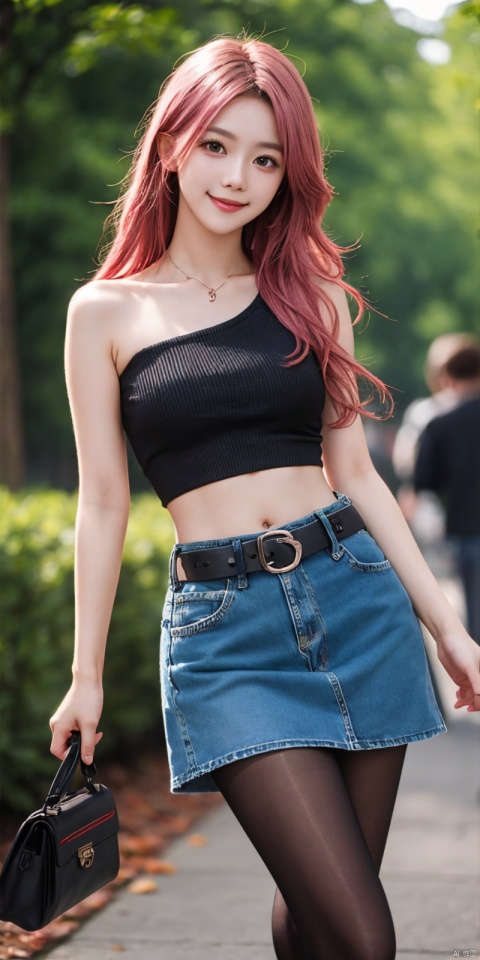  best quality, masterpiece, cowboy_shot,(Good structure), DSLR Quality,Depth of field,kind smile,looking_at_viewer,Dynamic pose,
 1girl, 3d, bare_shoulders, belt, blurry, blurry_background, blurry_foreground, branch, , , , collarbone, cosplay_photo, denim, denim_skirt, depth_of_field, , lips, long_hair, looking_at_viewer, midriff, miniskirt, motion_blur, navel, outdoors, photo_\(medium\), realistic, skirt, solo, standing, tree, , , , blackpantyhose, , yae miko,pink hair