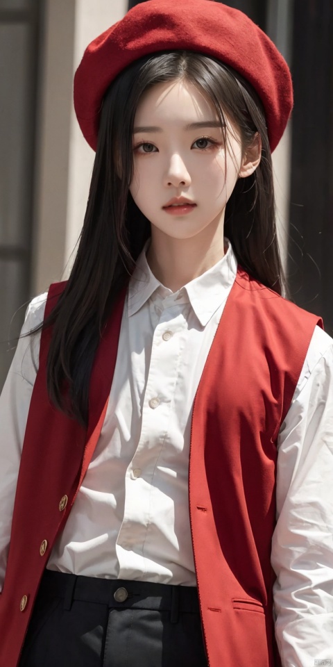 duling, 1girl, hat, solo, vest, red headwear, red vest, black hair, weibo username, realistic, black eyes, shirt, long sleeves, white shirt