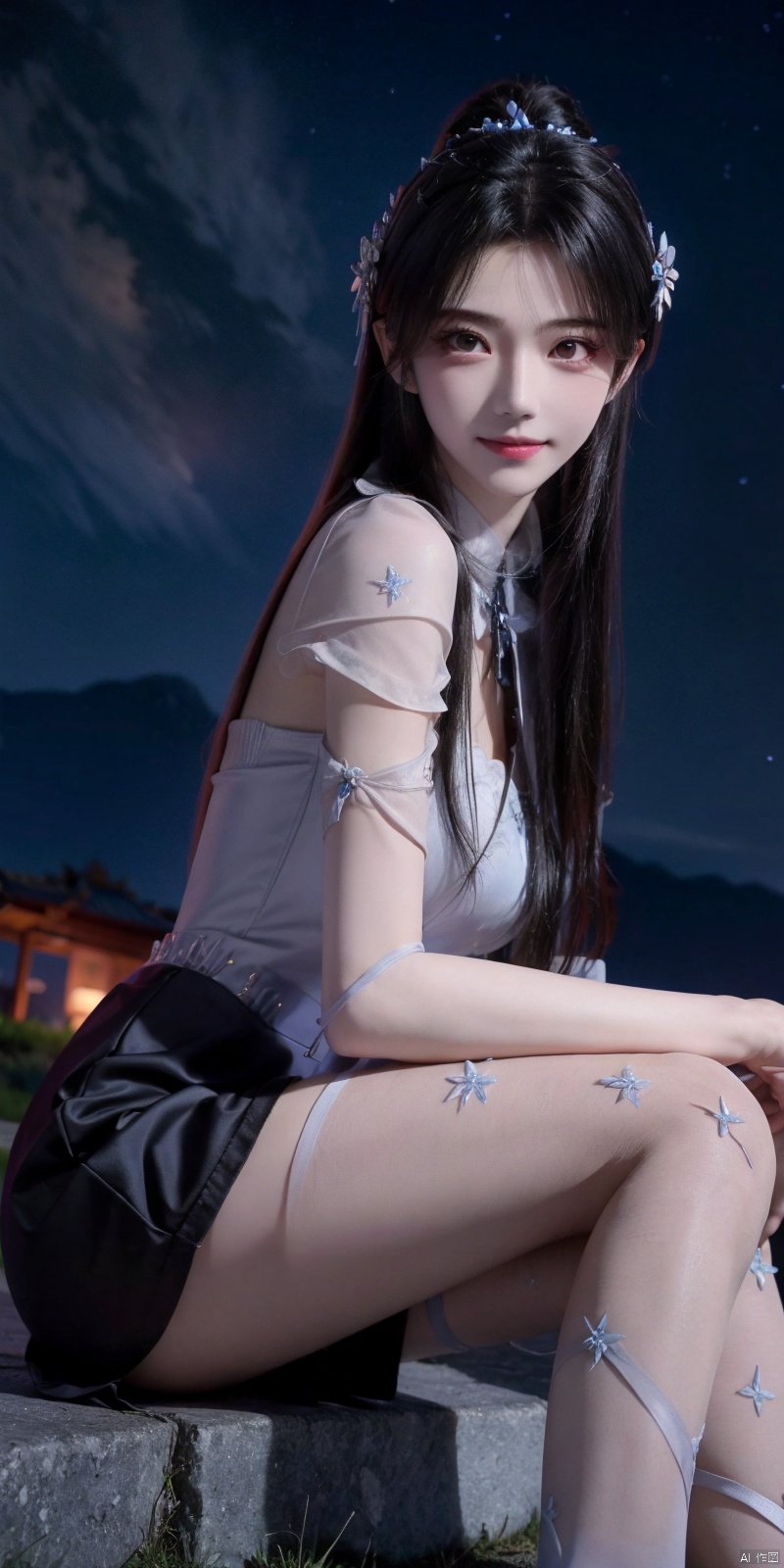  best quality, masterpiece, ,(Good structure), DSLR Quality,Depth of field,kind smile,looking_at_viewer,Dynamic pose, realistic ,
On the mountaintop, you can see the starry sky, and a beautiful girl is sitting on the grass. It is a masterpiece of a master, with stunning beauty, eye close-up, natural beauty, long legs, and short skirt, ,blackpantyhose, xiaqingyue