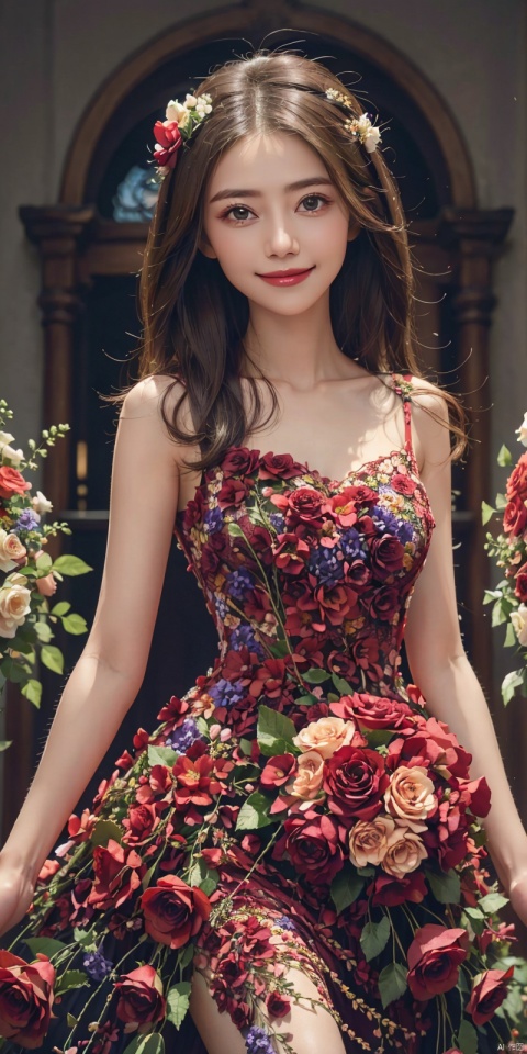 best quality, masterpiece, cowboy_shot,(Good structure), DSLR Quality,Depth of field,kind smile,looking_at_viewer,Dynamic pose, 

flower,purple rose,purple flower,hair flower,hair ornament,
, , weddingdress, , whitedress, ,, dress, yuanyuan,red dress