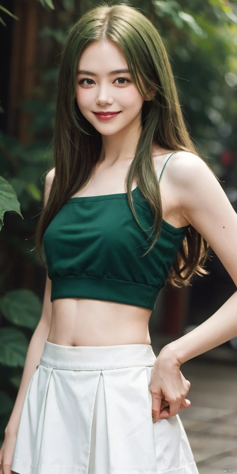  best quality, masterpiece, realistic,full_body,(Good structure), DSLR Quality,Depth of field,kind smile,looking_at_viewer,Dynamic pose, 
1girl, solo, long hair, looking at viewer, smile, skirt, flower, green hair, crop top, white skirt, plant, green shirt, tube top, , nike
