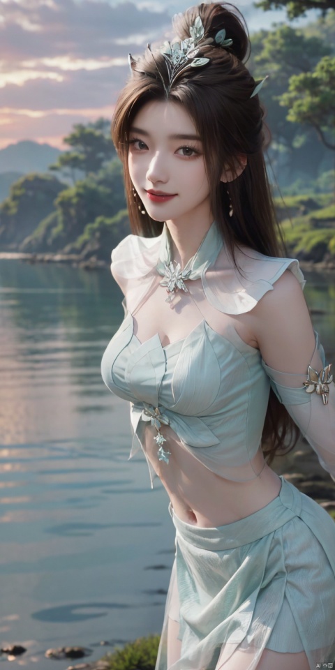  (Good structure),cowboy_shot, DSLR Quality,Depth of field ,looking_at_viewer,Dynamic pose, , kind smile,,
1girl, solo, long hair, , looking at viewer, skirt, hair ornament, bare shoulders, jewelry, , black hair, earrings, outdoors, midriff, water, necklace, lips, crop top, grey eyes, leaning forward, ocean, white skirt, strapless vest, sunset, sun,  , yanruyu