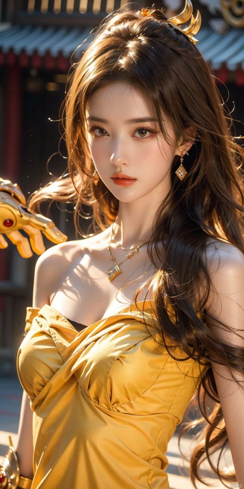  1girl,Bangs, off shoulder, colorful_hair, ((colorful hair)), yellow eyes, chest, necklace, earrings, floating hair, jewelry, sleeveless, very long hair,Looking at the observer, parted lips, pierced,energy,electricity,magic,tifa,sssr,blonde hair,jujingyi, (gold armor), liuyifei, yunxi, jiujiu, linzhiling