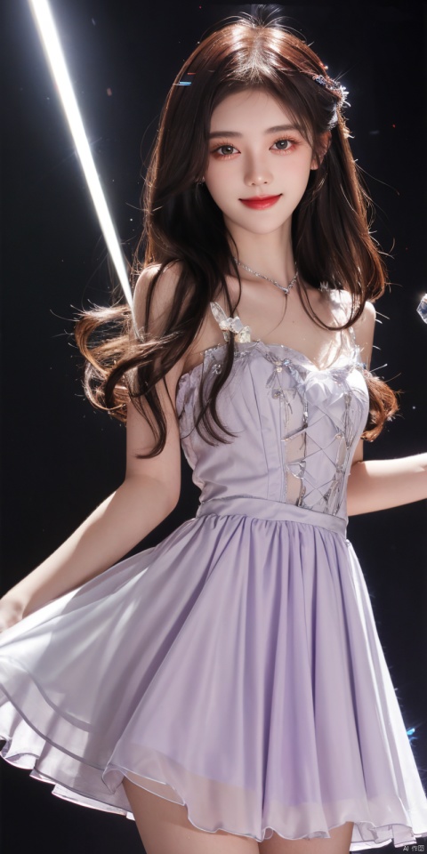 best quality, masterpiece, cowboy_shot,(Good structure), DSLR Quality,Depth of field,kind smile,looking_at_viewer,Dynamic pose, 
 (masterpiece, top quality, , official art, beauty:1.2),,suspender skirt,(luminous quality chiffon dress:1.1),(flash effects:1.3),lavender slip skirt,(dark wavy hair:1.1),(dark red hair:1.1),floating in the air,(crystal high heels:1.2),spotlight,(stage lighting:1.2)