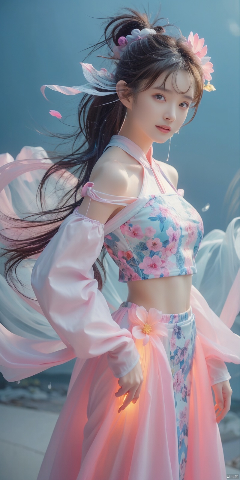  best quality, masterpiece, cowboy_shot,(Good structure), DSLR Quality,Depth of field,kind smile,looking_at_viewer,Dynamic pose, 
 Surrealism Dream Style,glowing neon color,RAW photo,at night,1girl,solo,sea,black hair,ponytail,looking at viewer,long hair,up,lips,sash,water splaashing,hair ornament,realistic,wide sleeves,hanfu,long dress,Semi transparent gauze skirt,surrealist,Best quality,masterpiece,ultra high res,Petal skirt,wind,flowers,bloom,Clouds,smoke,neon lights, 80sDBA style, 1 girl, , , wangyushan
