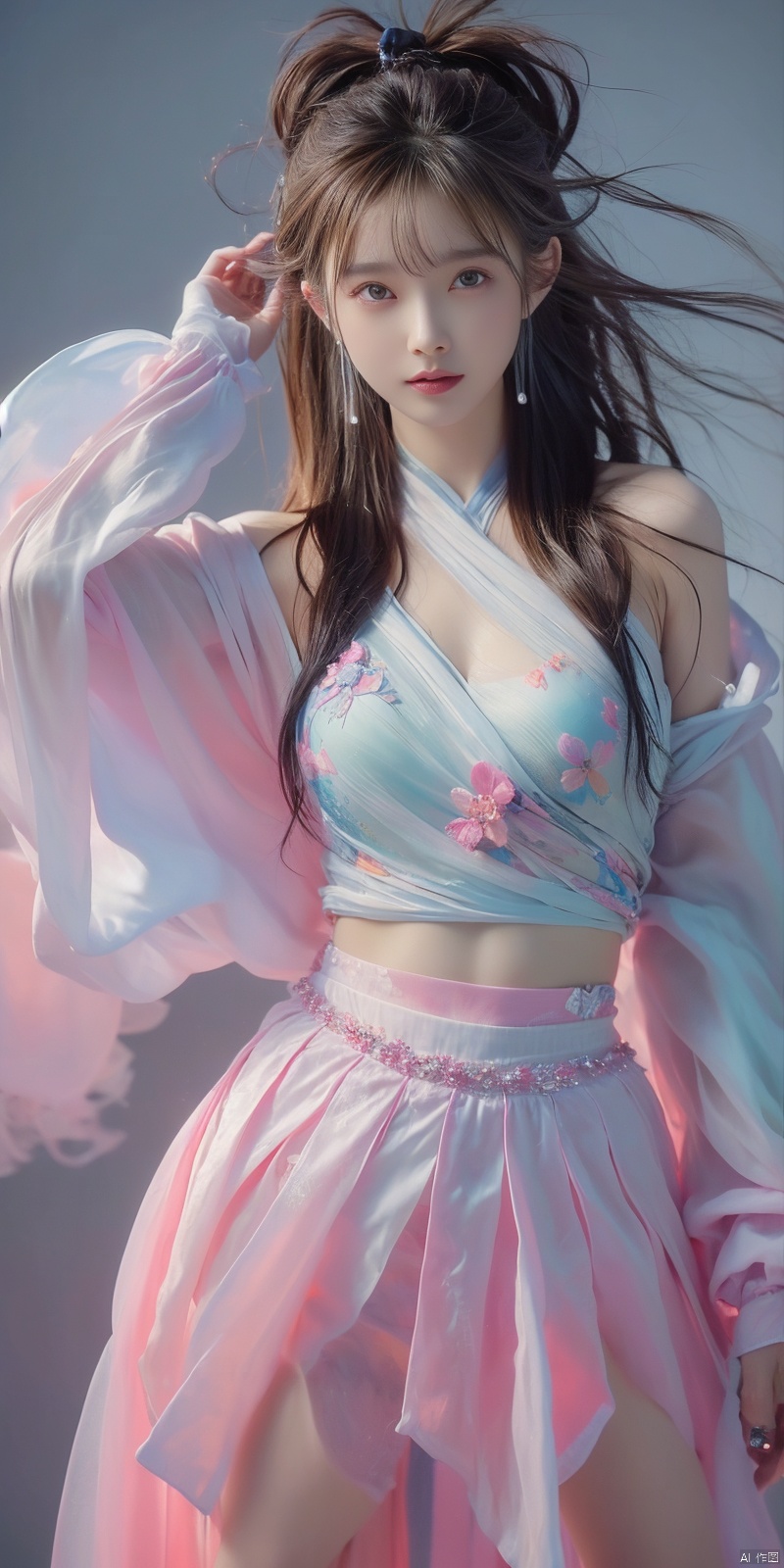  best quality, masterpiece, cowboy_shot,(Good structure), DSLR Quality,Depth of field,kind smile,looking_at_viewer,Dynamic pose, 
 Surrealism Dream Style,glowing neon color,RAW photo,at night,1girl,solo,sea,black hair,ponytail,looking at viewer,long hair,up,lips,sash,water splaashing,hair ornament,realistic,wide sleeves,hanfu,long dress,Semi transparent gauze skirt,surrealist,Best quality,masterpiece,ultra high res,Petal skirt,wind,flowers,bloom,Clouds,smoke,neon lights, 80sDBA style, 1 girl, , , wangyushan