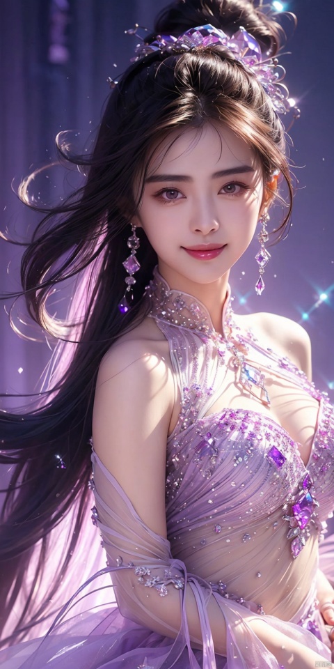  (Good structure),cowboy_shot, DSLR Quality,Depth of field ,looking_at_viewer,Dynamic pose, , kind smile,
1 girl,(Purple light effect),hair ornament,jewelry,looking at viewer, (\meng ze\), wangyushan, dofas,(ultra-detailed crystallization),transparent crystals, , , , wangzuxian
