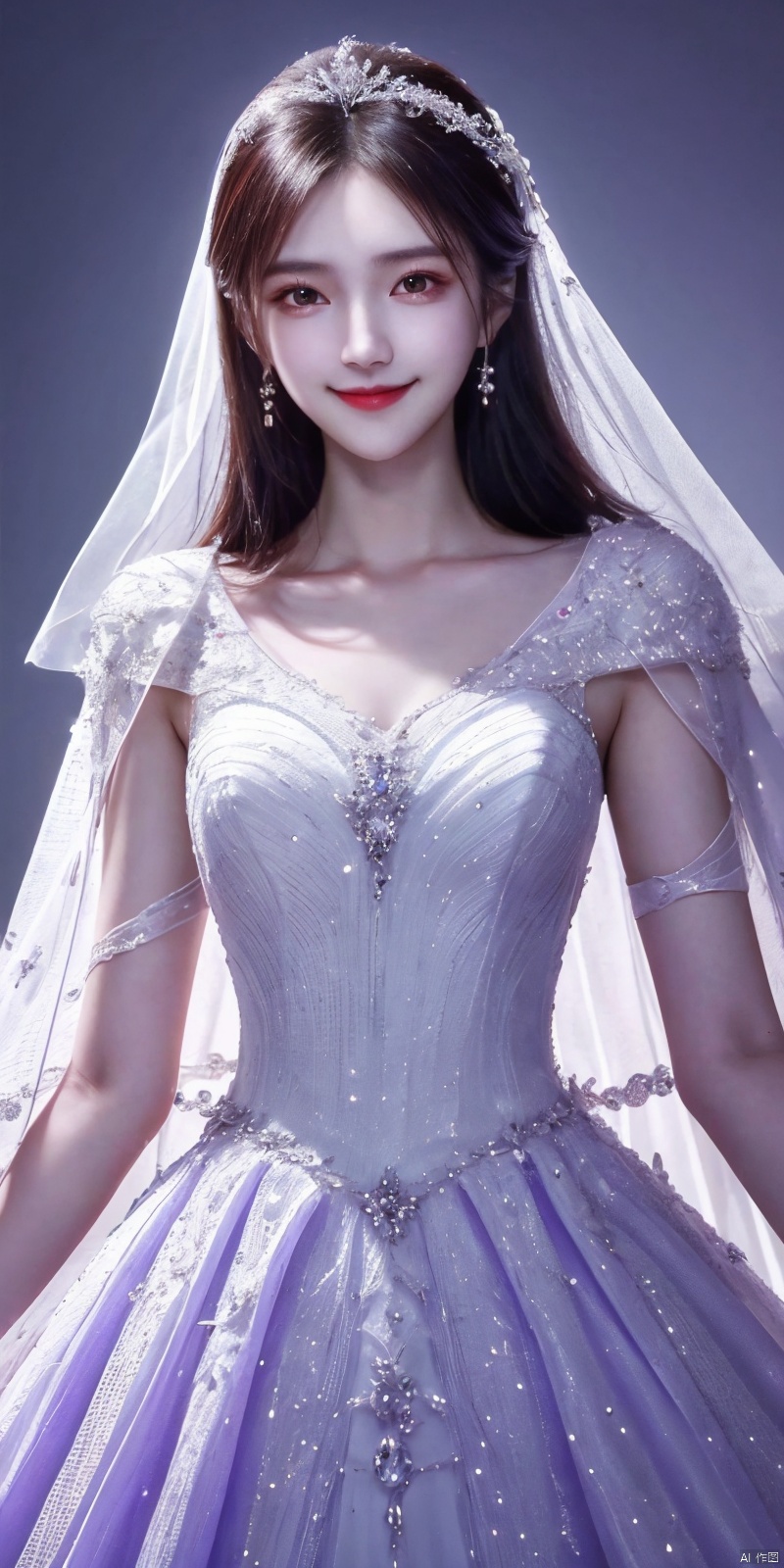  best quality, masterpiece, cowboy_shot,(Good structure), DSLR Quality,Depth of field,kind smile,looking_at_viewer,Dynamic pose, 
A chinese girl,Stunning crystal wedding dress cape, lavender, magic, soft lighting effects, blue dream background, octane rendering, surreal, HD 16K-AR, weddingdress, xuxin,