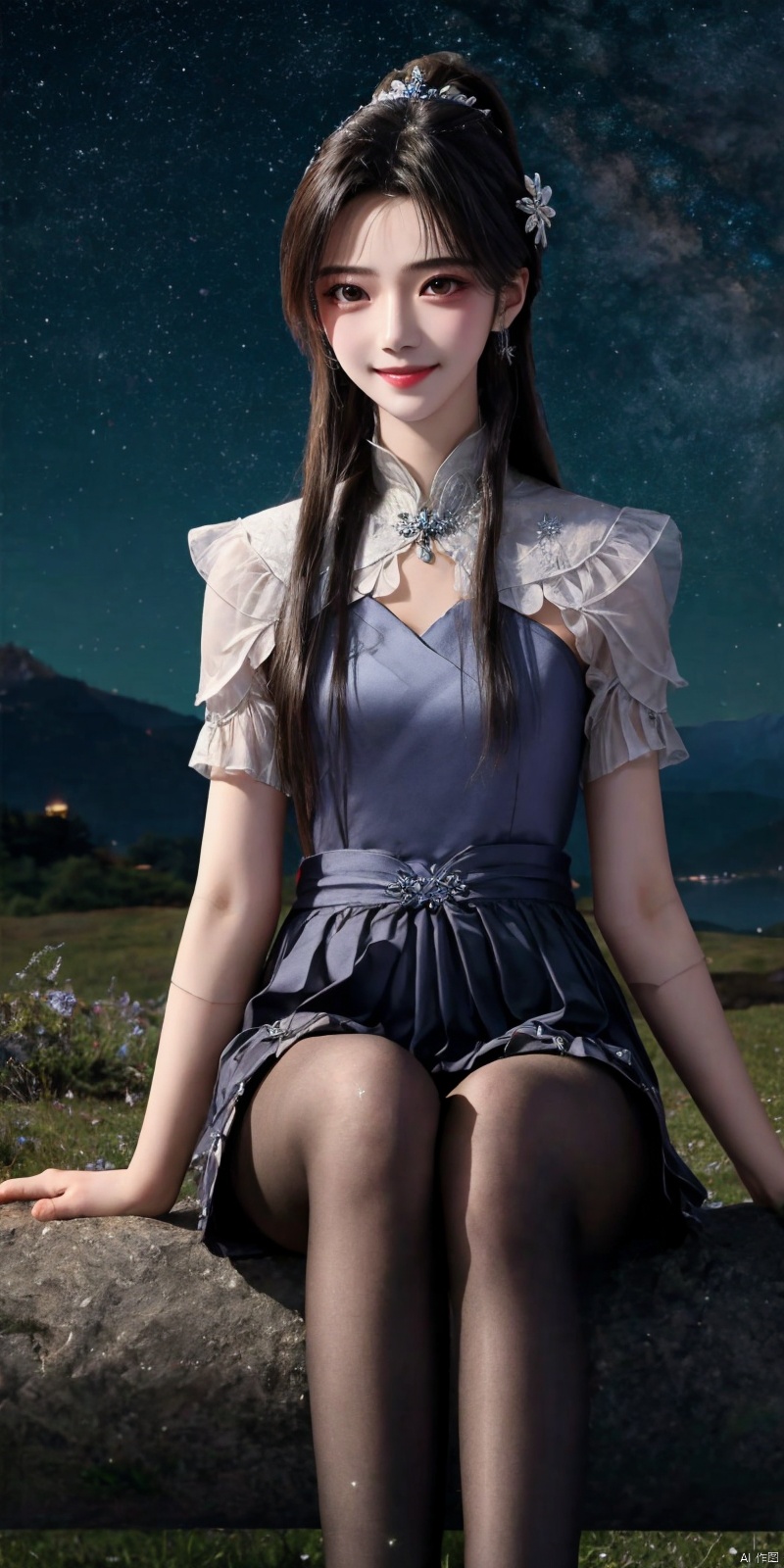  best quality, masterpiece, ,(Good structure), DSLR Quality,Depth of field,kind smile,looking_at_viewer,Dynamic pose, realistic ,
On the mountaintop, you can see the starry sky, and a beautiful girl is sitting on the grass. It is a masterpiece of a master, with stunning beauty, eye close-up, natural beauty, long legs, and short skirt, ,blackpantyhose, xiaqingyue