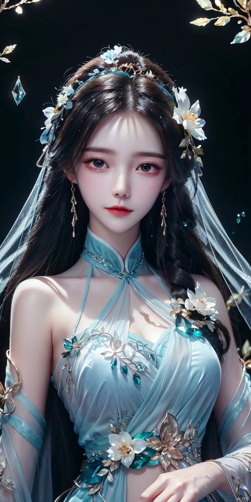  1girl,hanfu,,((water drops)),wet clothes,((beautiful detailed water)),((floating)),dynamic angle,(((crystals texture Hair))),((beautiful detailed glass hair)),((glass shaped texture hand)),((crystallize texture body)),gem body,hands as clear as jewels,crystallization of clothes,((crystals texture skin)),sparkle,lens flare,light leaks,broken glass,detailed glass shaped clothes,beautiful detailed gemstone sky,gemstone sea,crystals texture flowers,((detailed crystallized clothing)),beautiful detailed glow, (detailed ice), beautiful detailed water, ruhua, , ((poakl)), liushen,kind smile,looking_at_viewer