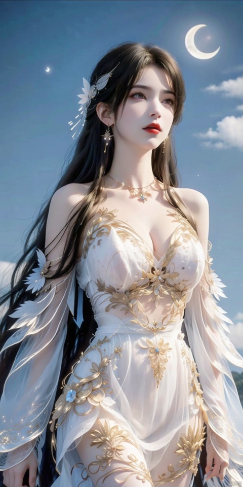  1girl, bare_shoulders, breasts, bug, butterfly, cleavage, cloud, crescent_moon, full_moon, hair_ornament, lips, long_hair, looking_at_viewer, medium_breasts, moon, moonlight, night, night_sky, red_lips, kneeling, sky, solo, star_\(sky\), starry_sky, sun