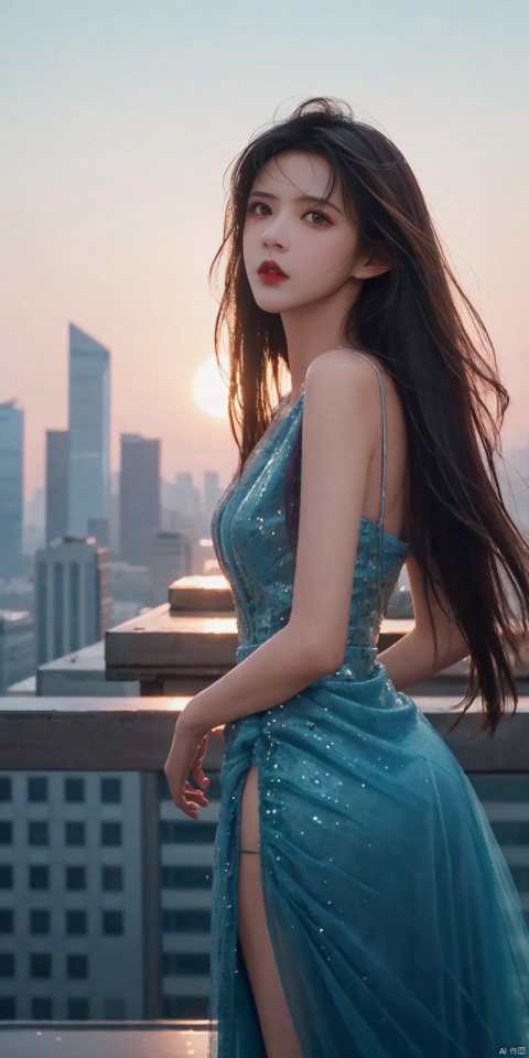  neonpunk style Neon noir leogirl,hANMEIMEI,realistic photography,,On the rooftop of a towering skyscraper,a girl stands,facing the camera directly. Behind her,a multitude of skyscrapers stretches into the distance,creating a breathtaking urban panorama. It's the perfect dusk moment,with the evening sun casting a warm glow on the girl's face,intensifying the scene's impact. The photo captures a sense of awe,with the sharpness and realism making every detail vivid and clear,Hair fluttered in the wind,long hair,halterneck, . cyberpunk, vaporwave, neon, vibes, vibrant, stunningly beautiful, crisp, detailed, sleek, ultramodern, magenta highlights, dark purple shadows, high contrast, cinematic, ultra detailed, intricate, professional, , , , , , dress, blue dress, , sufei