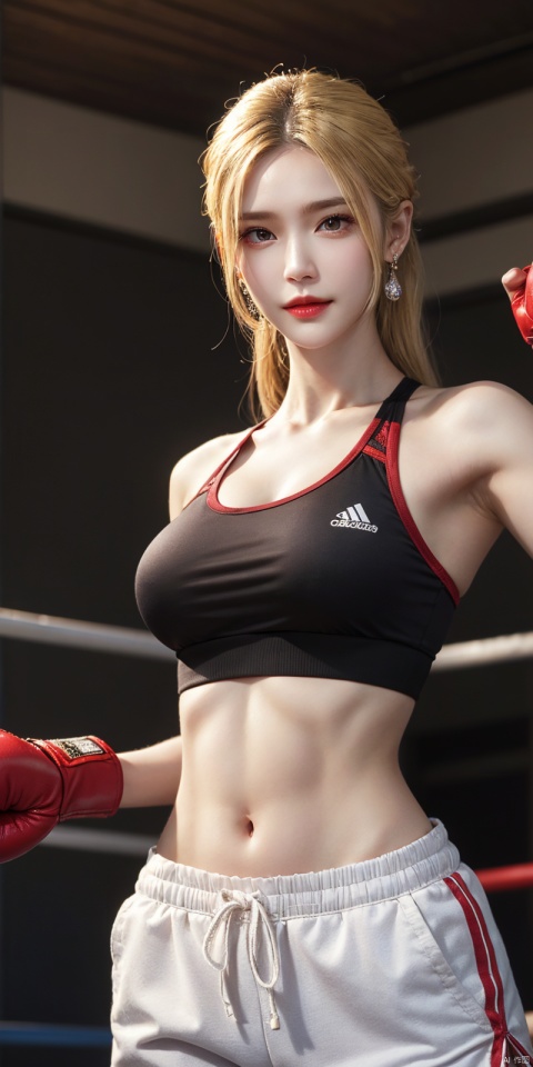  best quality, masterpiece, realistic,,(Good structure), DSLR Quality,Depth of field,kind smile,looking_at_viewer,Dynamic pose, 
, sufei,
1girl, solo, breasts, looking at viewer,  blonde hair, navel, bare shoulders, brown eyes, jewelry, medium breasts,   standing,  , sweat, earrings, shorts, midriff, pants, indoors, stomach, lips, muscular, abs, forehead, red gloves, toned, sports bra, sportswear, muscular female, boxing gloves, black sports bra, gym, dumbbell, , qianrenxue