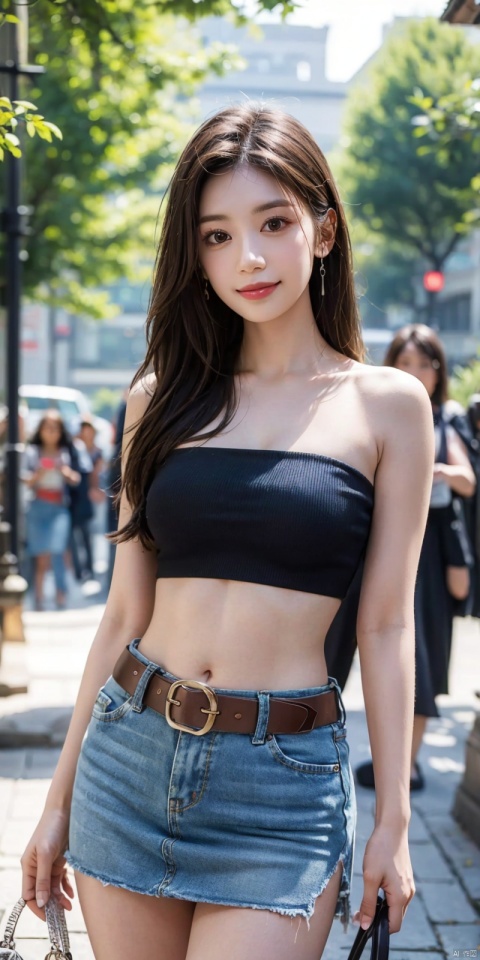  best quality, masterpiece, cowboy_shot,(Good structure), DSLR Quality,Depth of field,kind smile,looking_at_viewer,Dynamic pose,
 1girl, 3d, bare_shoulders, belt, blurry, blurry_background, blurry_foreground, branch, , , , collarbone, cosplay_photo, denim, denim_skirt, depth_of_field, , lips, long_hair, looking_at_viewer, midriff, miniskirt, motion_blur, navel, outdoors, photo_\(medium\), realistic, skirt, solo, standing, tree, , , jiajingwen