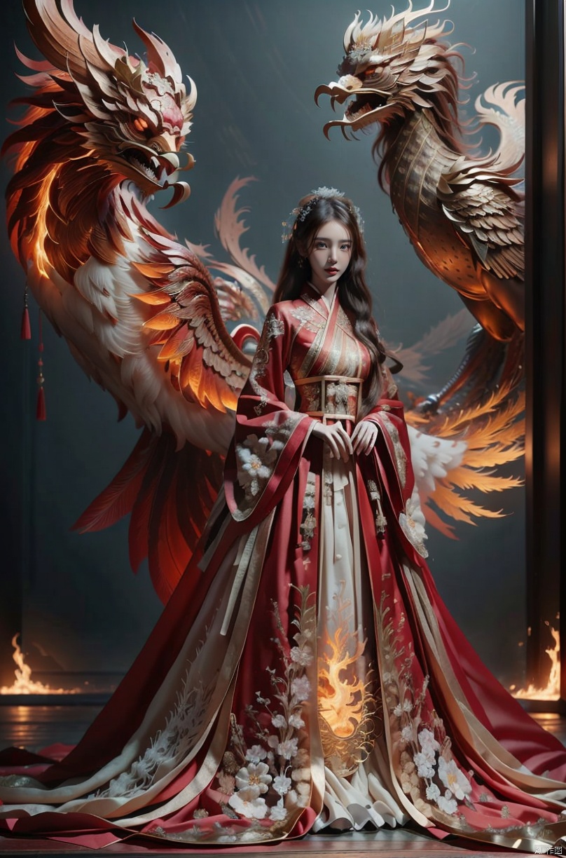  (Masterpiece), (Best Quality), (Super Detailed), 1 girl standing in front of the phoenix, solo. Dress, Chinese clothing, blooming valley, phoenix, flames emanating from the phoenix's body. In the sky, clouds float like marshmallows. High quality fantasy art, surrounded by blooming flowers. Contrast, extraordinary aesthetics, the best quality, magnificent artworks, (illustrations), extremely exquisite and beautiful, Tindell effect, Greg Rutkowski and Midtravel's ultra fine, complex, and realistic paintings. Popular digital art masterpieces on DeviantArt and Artstation., sparkling dress, 1girl,police, jinchen, BY MOONCRYPTOWOW, Detail, chineseclothes,HALO