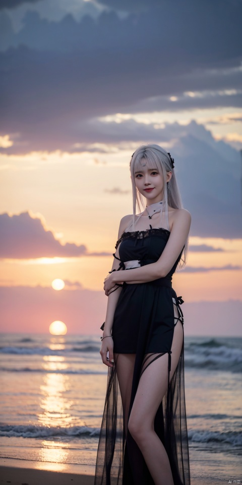  best quality, masterpiece, realistic, ,(Good structure), DSLR Quality,Depth of field,kind smile,looking_at_viewer,Dynamic pose, 
1girl, solo, looking at viewer, , ,, , bangs,  , dress, ribbon, bare shoulders,  , standing, collarbone,  outdoors, sky, sleeveless, cloud, signature, blunt bangs, water, white dress, bare arms, black ribbon, sleeveless dress, ocean, sunlight, wading, sunset, skirt hold, sun, horizon, sundress, see-through silhouette,  , xiaoyixian,(white hair)