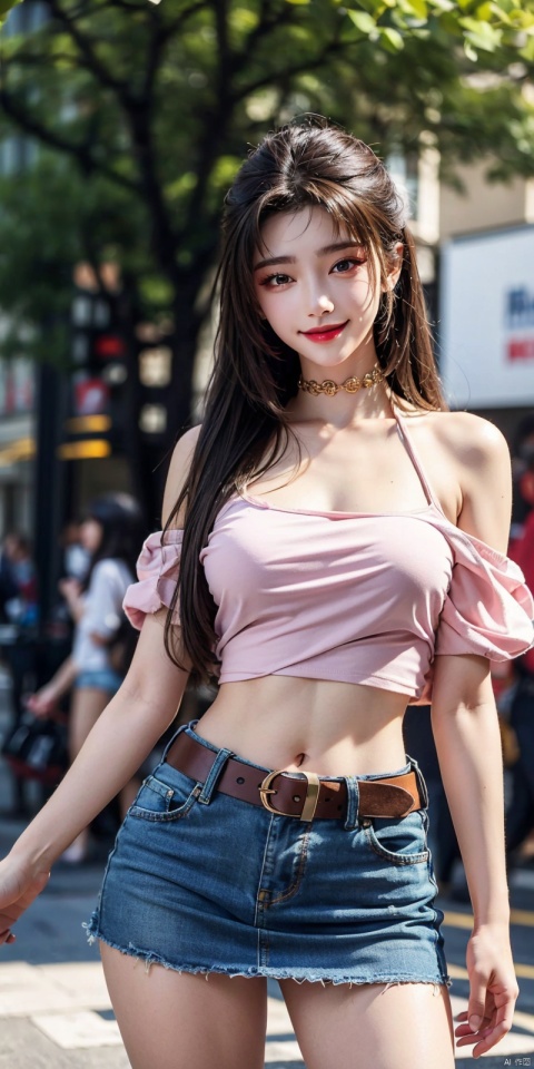  best quality, masterpiece, cowboy_shot,(Good structure), DSLR Quality,Depth of field,kind smile,looking_at_viewer,Dynamic pose,
 1girl, 3d, bare_shoulders, belt, blurry, blurry_background, blurry_foreground, branch, , , , collarbone, cosplay_photo, denim, denim_skirt, depth_of_field, , lips, long_hair, looking_at_viewer, midriff, miniskirt, motion_blur, navel, outdoors, photo_\(medium\), realistic, skirt, solo, standing, tree, , , , , tianhu