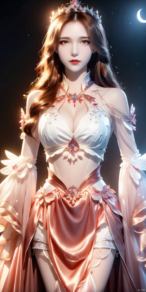  (Good structure),cowboy_shot,1girl, bare_shoulders, breasts, bug, butterfly, cleavage, cloud, crescent_moon, full_moon, hair_ornament, lips, long_hair, looking_at_viewer, medium_breasts, moon, moonlight, night, night_sky, red_lips, kneeling, sky, solo, star_\(sky\), starry_sky, sun,,looking_at_viewer,kind smile, 1girl, bibidong,brown hair,red eyes