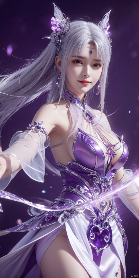  best quality, masterpiece, (Good structure),cowboy_shot, DSLR Quality,Depth of field ,looking_at_viewer,Dynamic pose, , kind smile,
1 girl,(Purple light effect),hair ornament,jewelry,looking at viewer, , dofas,(ultra-detailed crystallization),transparent crystals, , , , , ,, xiaoyixian,white hair