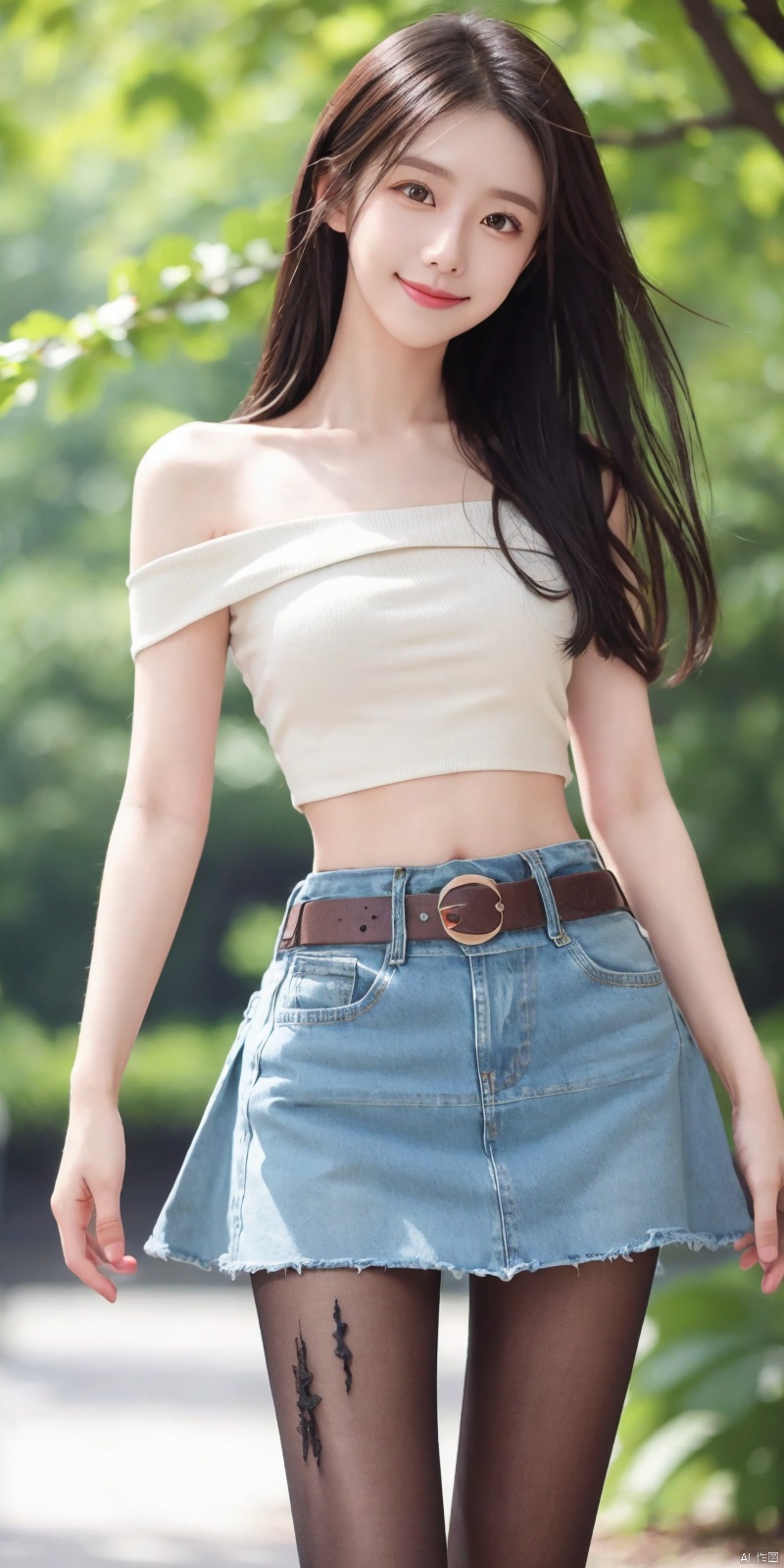  best quality, masterpiece, cowboy_shot,(Good structure), DSLR Quality,Depth of field,kind smile,looking_at_viewer,Dynamic pose,
 1girl, 3d, bare_shoulders, belt, blurry, blurry_background, blurry_foreground, branch, , , , collarbone, *******_photo, denim, denim_skirt, depth_of_field, , lips, long_hair, looking_at_viewer, midriff, miniskirt, motion_blur, navel, outdoors, photo_\(medium\), realistic, skirt, solo, standing, tree, , , , blackpantyhose, , , , , , lianmo