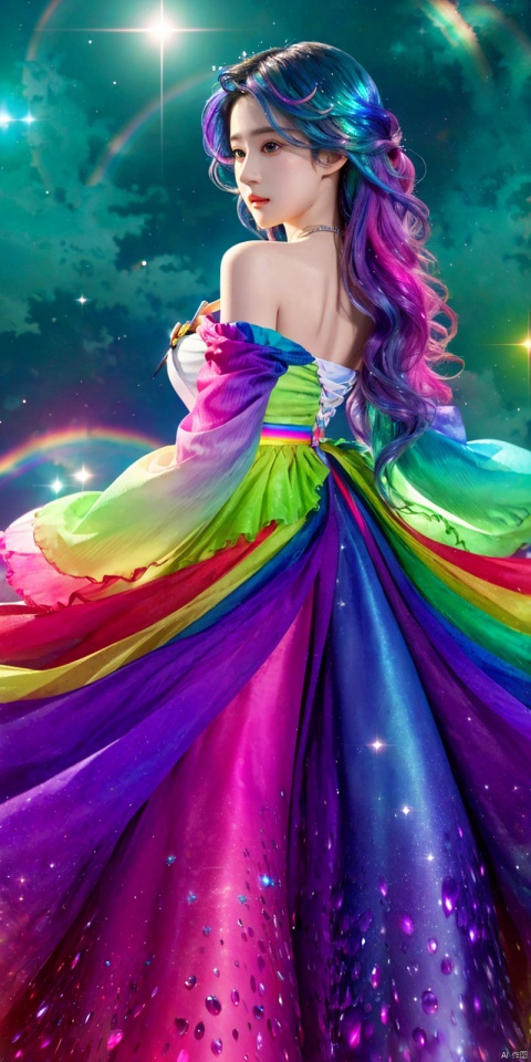  ((extremely detailed CG)),((8k_wallpaper)),(((masterpiece))),((best quality)),watercolor_(medium),((beautiful detailed starry sky)),cinmatic lighting,loli,princess,very long rainbow hair,side view,looking at viewer,full body,frills,(far from viewer),((extremely detailed face)),((an extremely delicate and beautiful girl)),((extremely detailed cute anime face)),((extremely detailed eyes)),(((extremely detailed body))),(ultra detailed),illustration,((bare stomach)),((bare shoulder)),small breast,((sideboob)),((((floating and rainbow hair)))),(((Iridescence and rainbow hair))),(((extremely detailed sailor dress))),((((Iridescence and rainbow dress)))),(Iridescence and rainbow eyes),beautiful detailed hair,beautiful detailed dress,dramatic angle,expressionless,(big top sleeves),frills,blush,(ahoge), sky, liuyifei, ((poakl))
