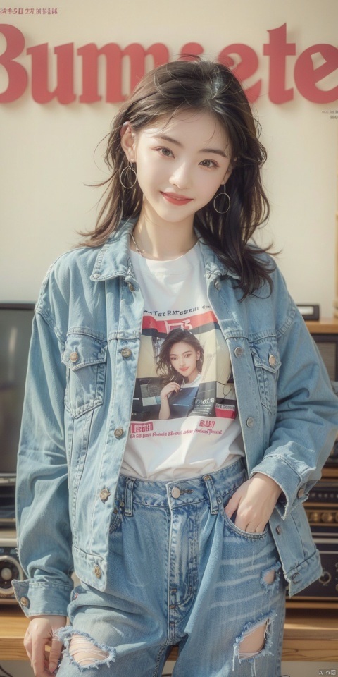 80sDBA style, fashion, (magazine: 1.3), (cover style: 1.3),Best quality, masterpiece, high-resolution, 4K, 1 girl, smile, exquisite makeup,shirt,jean,jacket , lace, tv,boombox
,, , ,  , yunv