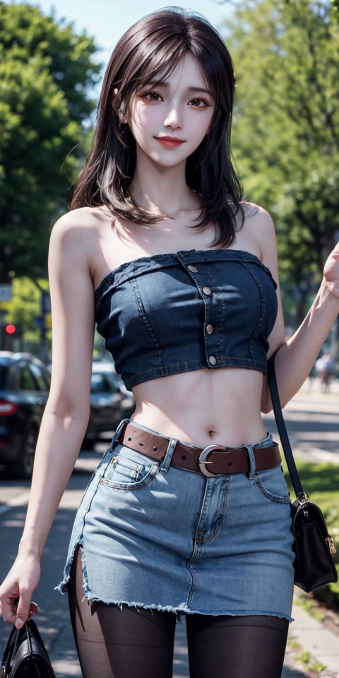  best quality, masterpiece, cowboy_shot,(Good structure), DSLR Quality,Depth of field,kind smile,looking_at_viewer,Dynamic pose,
 1girl, 3d, bare_shoulders, belt, blurry, blurry_background, blurry_foreground, branch, , , , collarbone, cosplay_photo, denim, denim_skirt, depth_of_field, , lips, long_hair, looking_at_viewer, midriff, miniskirt, motion_blur, navel, outdoors, photo_\(medium\), realistic, skirt, solo, standing, tree, , ,  , xuxin, blackpantyhose