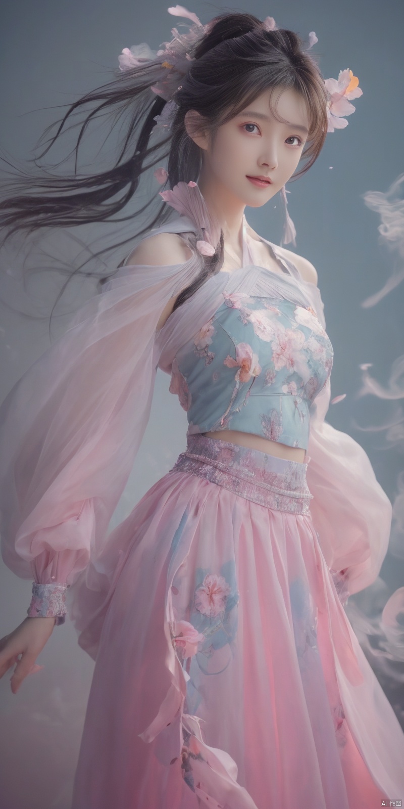  best quality, masterpiece, cowboy_shot,(Good structure), DSLR Quality,Depth of field,kind smile,looking_at_viewer,Dynamic pose, 
 Surrealism Dream Style,glowing neon color,RAW photo,at night,1girl,solo,sea,black hair,ponytail,looking at viewer,long hair,up,lips,sash,water splaashing,hair ornament,realistic,wide sleeves,hanfu,long dress,Semi transparent gauze skirt,surrealist,Best quality,masterpiece,ultra high res,Petal skirt,wind,flowers,bloom,Clouds,smoke,neon lights, 80sDBA style, 1 girl, , , wangyushan
