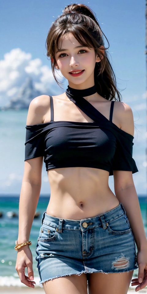  cowboy_shot,(Good structure),, Blue sky,  skirt,white clouds, ocean,nai3, 1girl, , solo, crop top, choker, navel, , midriff, crop top overhang, looking at viewer, , jewelry, breasts, bare shoulders, , off-shoulder shirt, off shoulder, black choker, thighs, stomach, , long hair, bracelet, short sleeves, ribbon, , collarbone, hair ribbon, medium breasts, ,, , hair ornament, thigh gap, necklace, , ,kind smile, , , hanyue, high ponytail, purple hair,Dynamic pose, sufei
