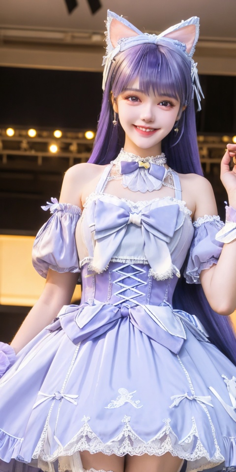  (Good structure), DSLR Quality,Depth of field,kind smile,looking_at_viewer,Dynamic pose, ,(wariza),,Girl, bare shoulders, blue hair, boobs, bow tie, brown eyes, cat ears, collar, ((Lolita Dress: 1.4)) , blue and white Lolita dress, wrinkled leg outfit, hand-held, lips, nose, shoulders, , alone, long_hair, kind smile, looking at the audience, white leg costume, wrist cuffs, 1girl,,looking_at_viewer, , lolidress, ,, ,purple hair, shengcaier