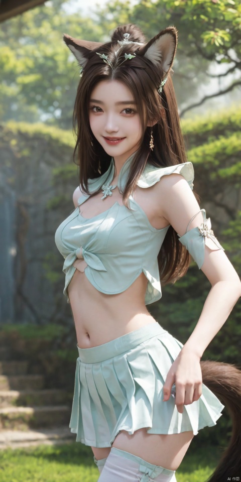 best quality, masterpiece, realistic,cowboy_shot,(Good structure), DSLR Quality,Depth of field,kind smile,looking_at_viewer,Dynamic pose, 
1girl, solo, breasts, looking at viewer, blush, , skirt, brown hair, shirt, thighhighs, navel, holding, animal ears, bare shoulders, , standing, panties, tail,, white shirt, thighs, cowboy shot, pleated skirt, ,, sleeveless, midriff, black thighhighs, indoors, miniskirt, stomach, white panties, grin, crop top, animal ear fluff, bare arms, fox ears, sleeveless shirt, fox tail, halo, pantyshot, white skirt, fox girl, brown thighhighs, cheerleader, pom pom \(cheerleading\), crop top overhang, holding pom poms,  , , yanruyu