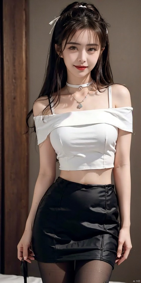  nai3, 1girl, shorts, solo, crop top, choker, pencil skirt, skirt, , navel, shirt, midriff, crop top overhang, looking at viewer, white shirt, jewelry, breasts, cowboy shot, bare shoulders, off-shoulder shirt, off shoulder, black choker, thighs, stomach, hand on own thigh, long hair, bracelet, short sleeves, ribbon, hand up, collarbone, hair ribbon, medium breasts, standing, , , bra strap, kind smile, hair ornament, thigh gap, bangs, necklace, expressionless,, , , blackpantyhose, wangzuxian