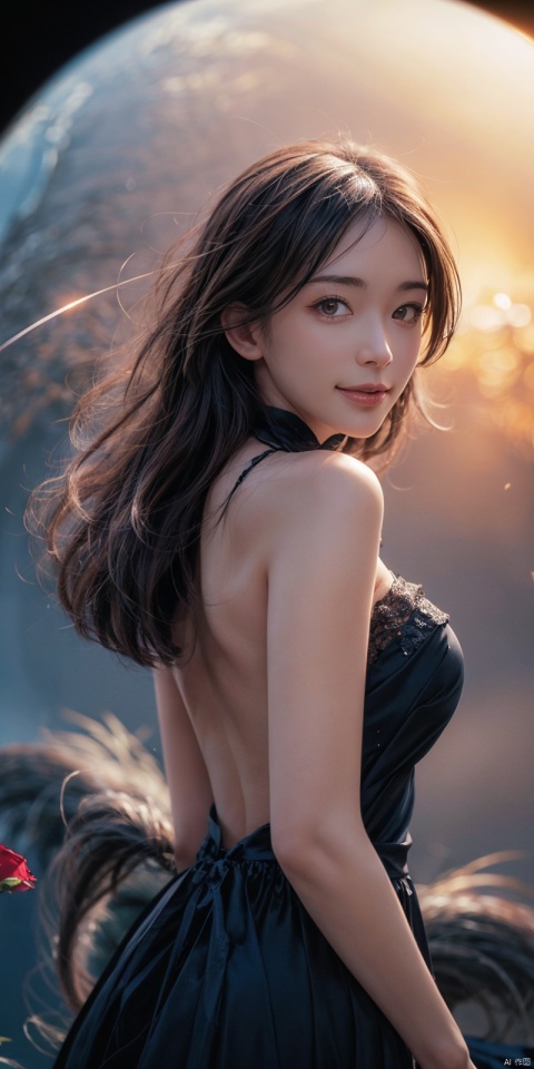  (Good structure), DSLR Quality,Depth of field ,looking_at_viewer,Dynamic pose, , kind smile,1girl ,
8k resolution, Masterpiece quality, High detail. from below,
Fantasy theme, cropped. {(1 girl:1.5),(close to viewer:1.8), ((looking at viewer:2), beautiful face, ), ((worm's eye shot:1.2)),perspective distortion}, (Panoramic view, fisheye lens effect:1.1). 
{(Strong backlighting, underexposure:1.4), (blocked shadows:0.8), depth of field(at 100mm focal length:1.2)}, (horizon:0.7), low key earth.
the starry sky feathering into the background, creating a sense of depth and gradient. Incorporating Droste Effect(an endless repetition and reflection:1.2). 
Surrounded by fluttering rose petals, reflected or casting dramatic shadows and highlights, {(meteor shower, planets:1.1), (Vermilion Comet:1.3)}. mesmerizing effect, a dreamlike ambiance of infinity. A vortex of rose petals, a starry sky vortex, , as, vortex, tyjf, , , linzhiling, 1girl,dress
