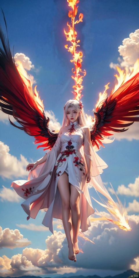  (Good structure), DSLR Quality,1girl, 
(red fire,magic),(glowing eyes:1.3), 
chest,electricity, lightning,
white magic, aura,,
Front view,air,cloud,
backlight,looking at viewer,,white hair
very long hair,hair flowe

(bare feet,:1.2)(flying in the sky:1.6),(Stepping on the clouds:1.2),(Red Angel Wings:1.2), wings,((poakl)), xiaoyixian,white hair