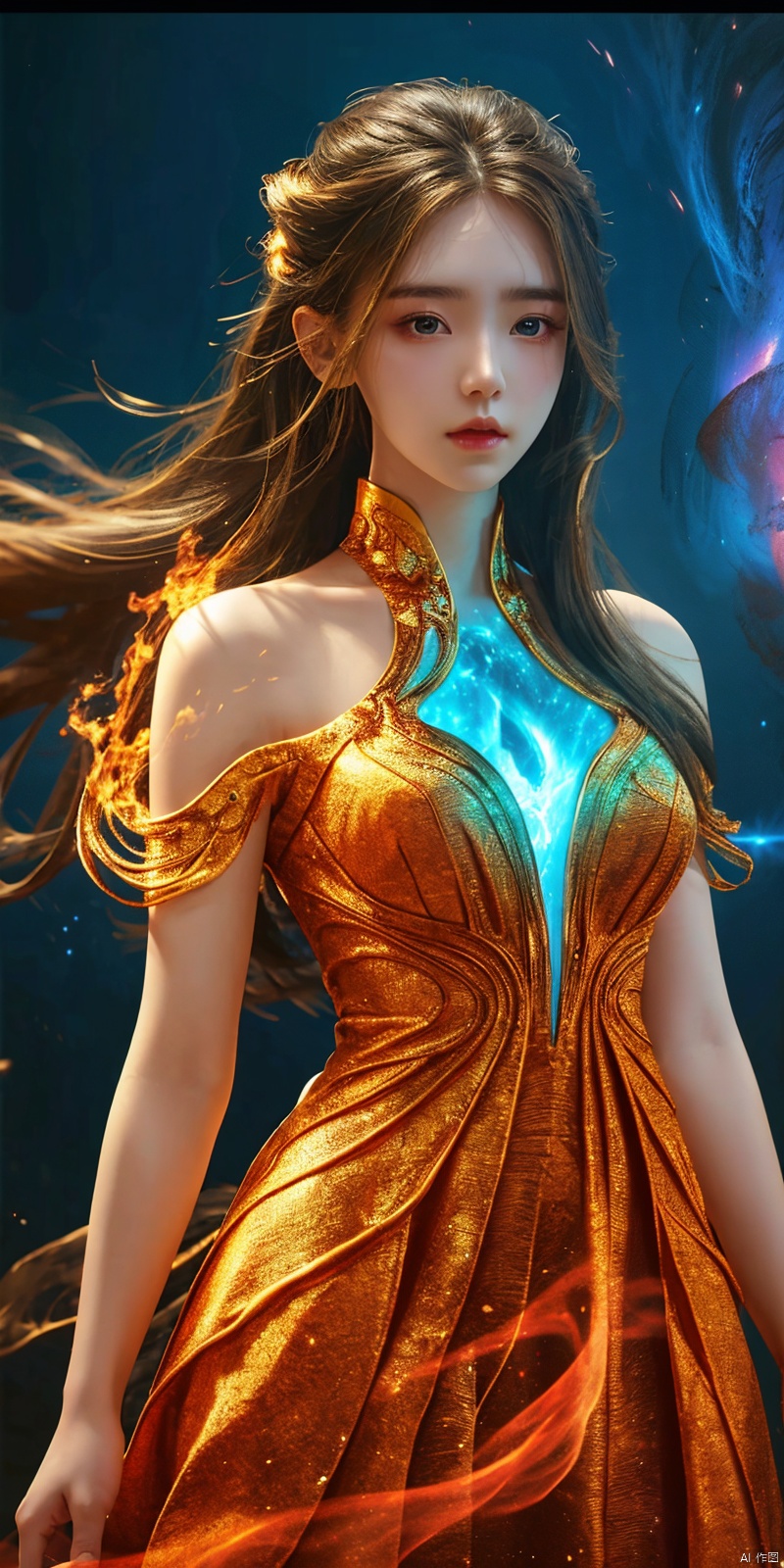  masterpiece, 1 girl, Look at me, Long hair, Flame, A magical scene, glowing, Floating hair, realistic, Nebula, An incredible picture, The magic array behind it, Stand, textured skin, super detail, best quality, , huolinger,dress, 1girl, yanlingji, ((poakl))