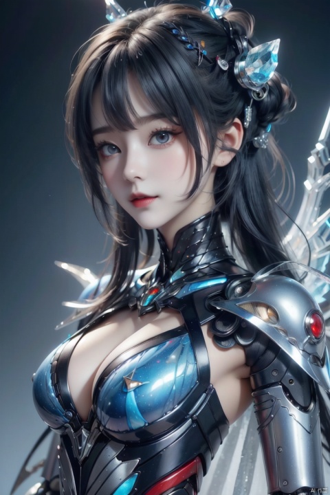  masterpiece, best quality, ultra-detailed, detailed pupils, photography, pale, realistic skin texture, 1girl, Simple background, from front, blush, blue eyes, , , clear background, glowing particles, lightning thunder, , Solo, charming Oriental beauty,, , ((frost covered)), HD, Ultra HD, 16K high quality, Highest image quality, masterpiece, master masterpiece, top CG rendering, brilliant ice crystal wings, (large s-shaped devil body), ice-blue skin, perfect body, , hot, realistic, real texture, real photos, ((((Mechanical Ice Crystal Body))), Cyberpunk Mech, , ((Leather Armor)), Oriental Beauty, Starry Background, Detailing, Master, Full Body Mech Reflector, octane rendering, metallic luster, ice blue mechanical armor, (((ice and snow texture embroidery cape)), ((masterpiece)), illustration, best quality, very detailed CG, 8k wallpaper, very delicate and beautiful, game_cg, Cyber Tibs, Surrealistic, (Realistic), Solo, Ultra Detail, , ((Ultra Fine Detail)), ((CG Rendering)), babata,blue_hair, BY MOONCRYPTOWOW,blue hair