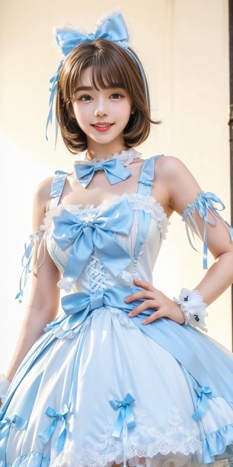  (Good structure), DSLR Quality,,,Girl, bare shoulders,  , boobs, bow tie, brown eyes, cat ears, collar, ((Lolita Dress: 1.4)) , blue and white Lolita dress, wrinkled leg outfit, hand-held, lips, nose, shoulders, , alone,  , kind smile, looking at the audience, white leg costume, wrist cuffs, 1girl,,looking_at_viewer, lolidress, ,brown hair, youna,short_hair